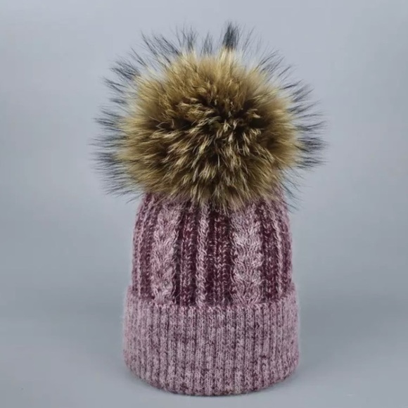 Wine Angora Fur Pompom Cable Knit Beanie - Picture 1 of 5